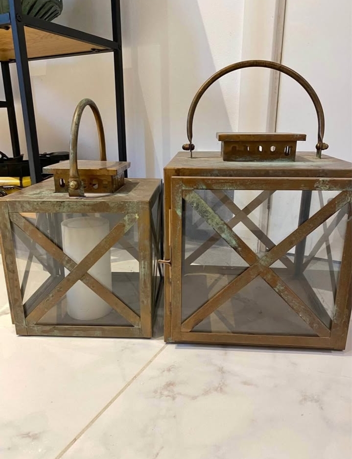 Mariba Home- Square Metal and Glass Lanterns (Set of 2)