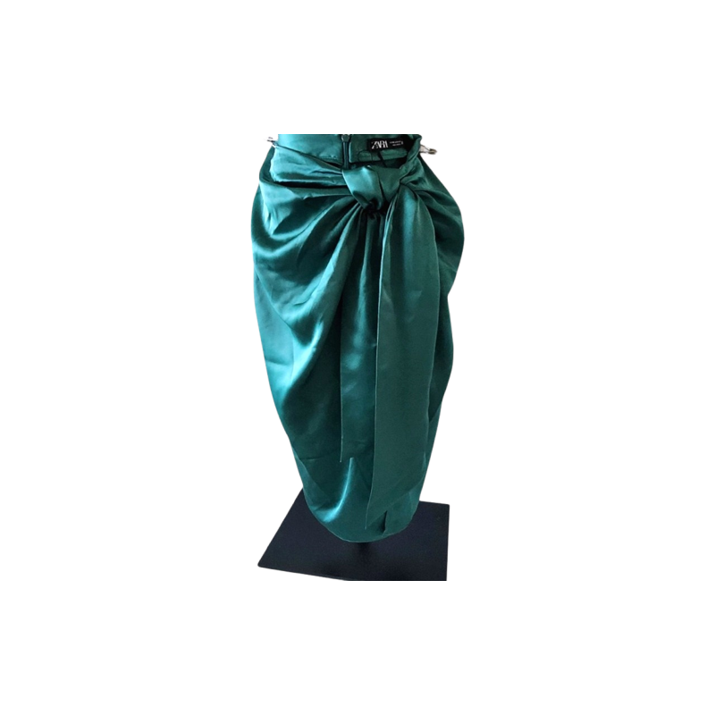 Satin Tie Design Forest Green Midi Skirt