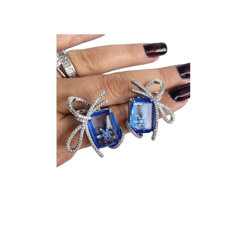 earrings with a blue stone and bow