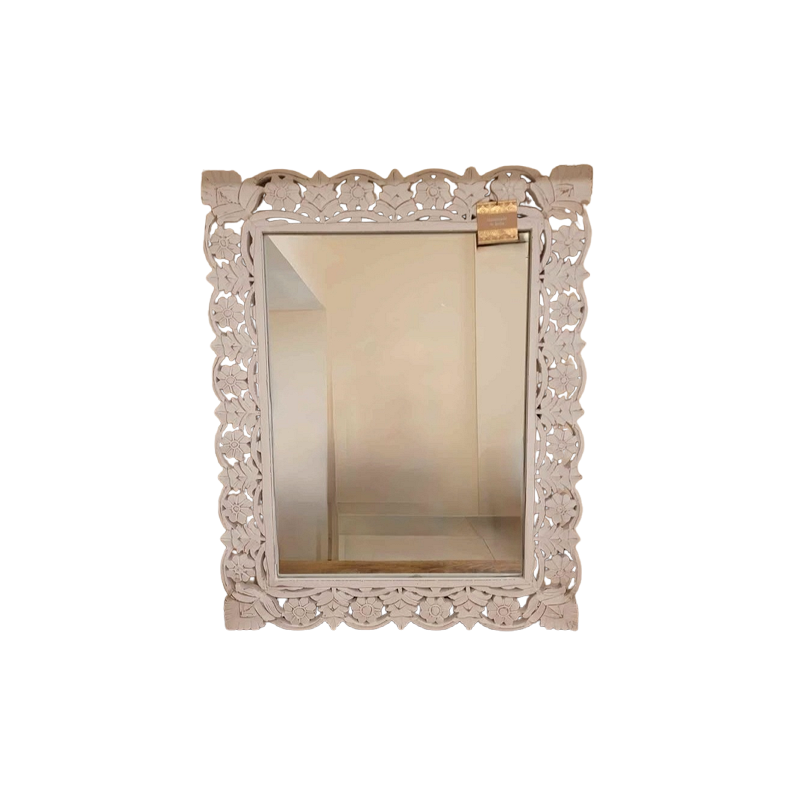 Handmade Rustic Wood Mirror with Flower Carvings