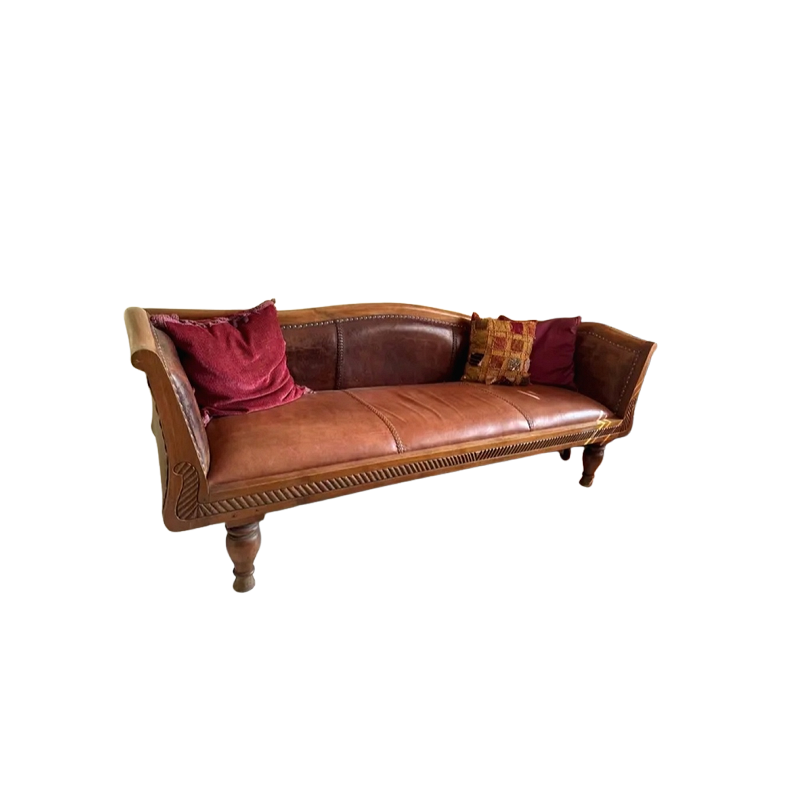 Handcrafted Teak and Leather Sofa