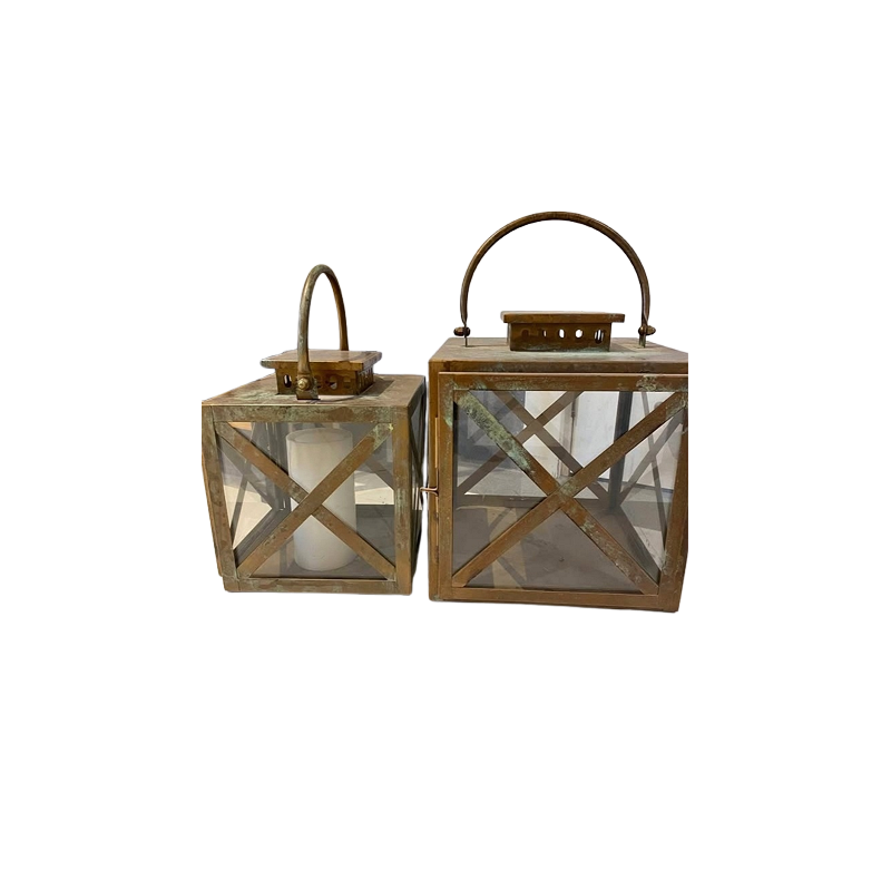 Mariba Home- Square Metal and Glass Lanterns (Set of 2)