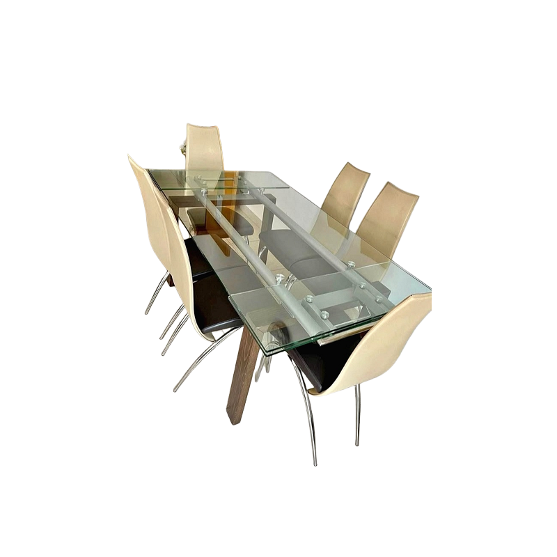 Black and Beige Glass Top 6-Seater Dining Table Set with 6 Leather Chairs