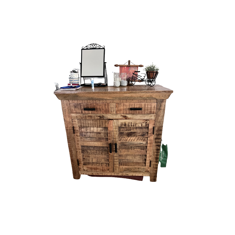 Rustic-Style Solid Wood Side Table with 2 Drawers and 2-Door Cabinet