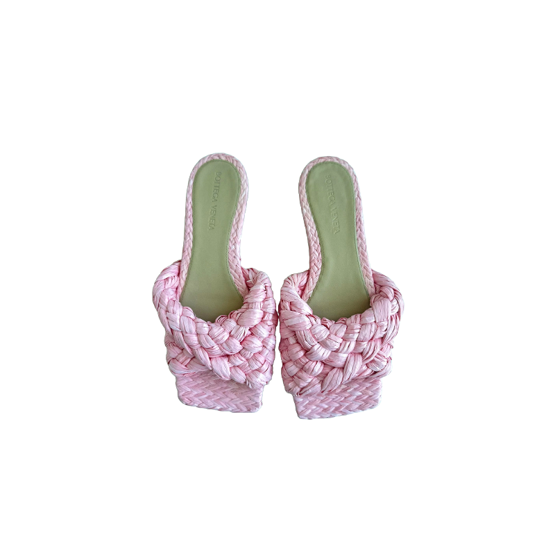 Bottega Veneta Pink Woven Raffia Stretch Flat Slides