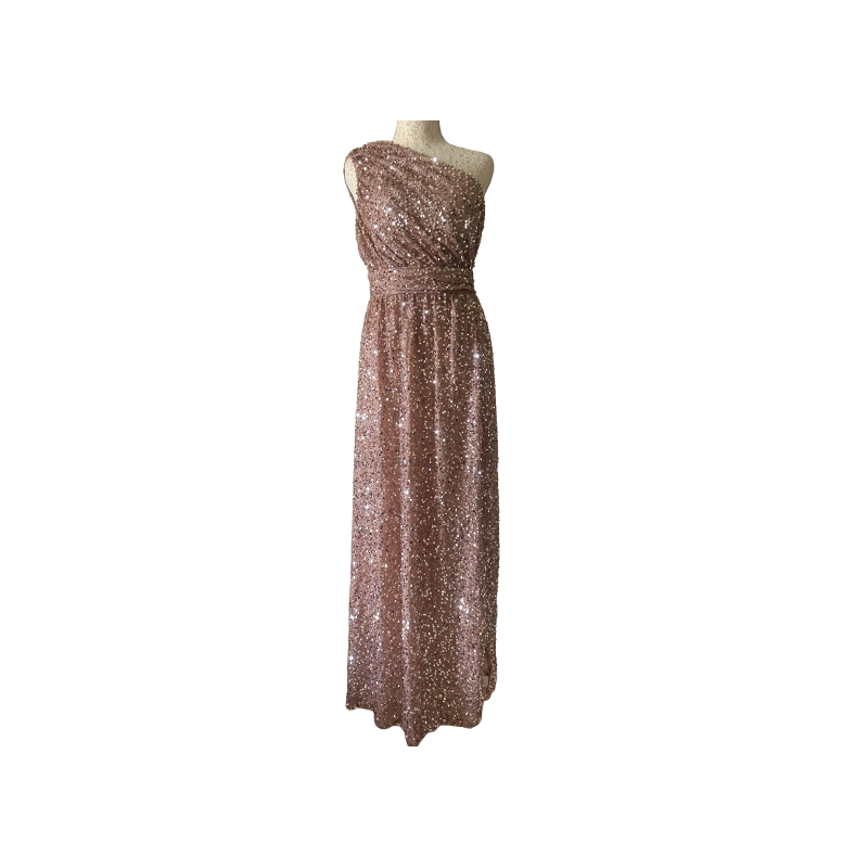 Giffniseti One-Shoulder Hollow Out Sequin Long Dress - Pink Gold