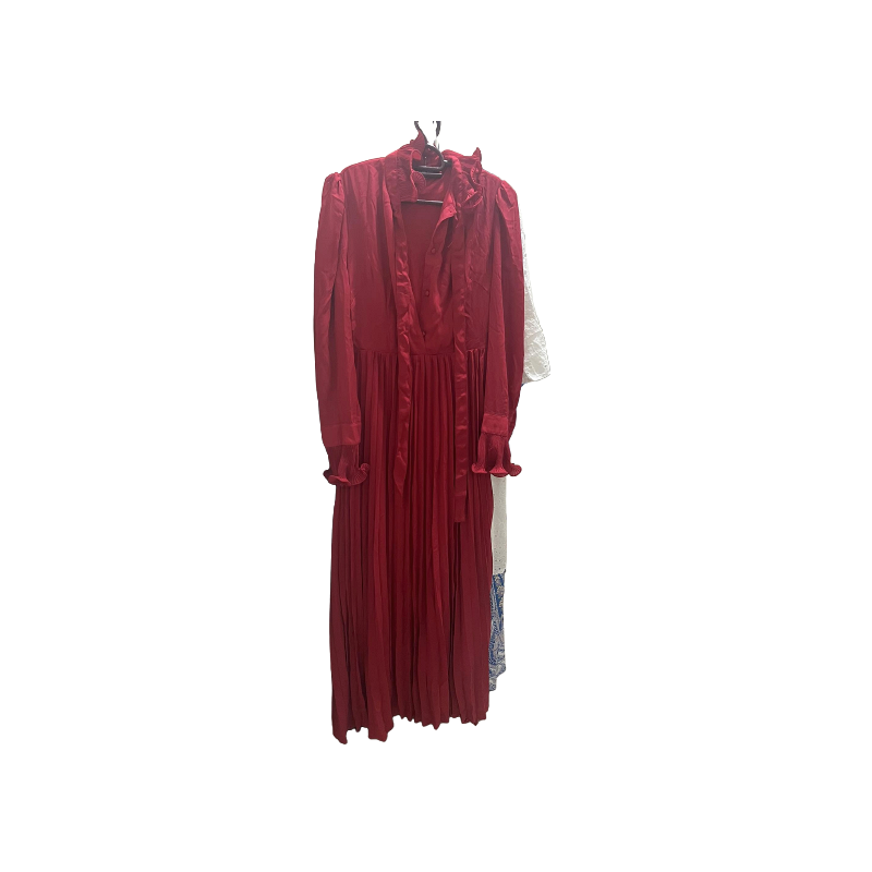 Red High-Rise Pleated Long Sleeve Maxi Dress with Belt