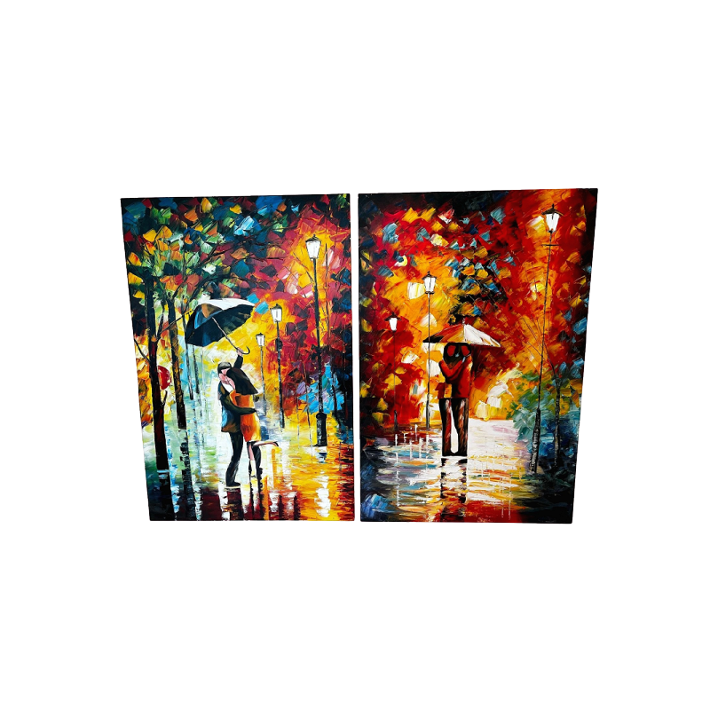 Leonid Afremov Hand-Painted Rainy Couple Canvas Art – Set of 2